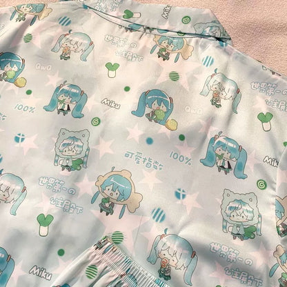Fanmade Hatsune Miku Ice Silk Pajama Set – Lightweight Short Sleeve & Shorts Summer Loungewear