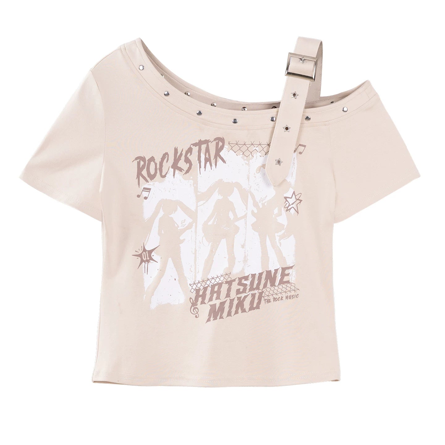 Official Hatsune Miku Rock Future Vintage One-Shoulder Cami Short Sleeve Top, Loose-Fit Summer Shirt