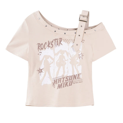 Official Hatsune Miku Rock Future Vintage One-Shoulder Cami Short Sleeve Top, Loose-Fit Summer Shirt