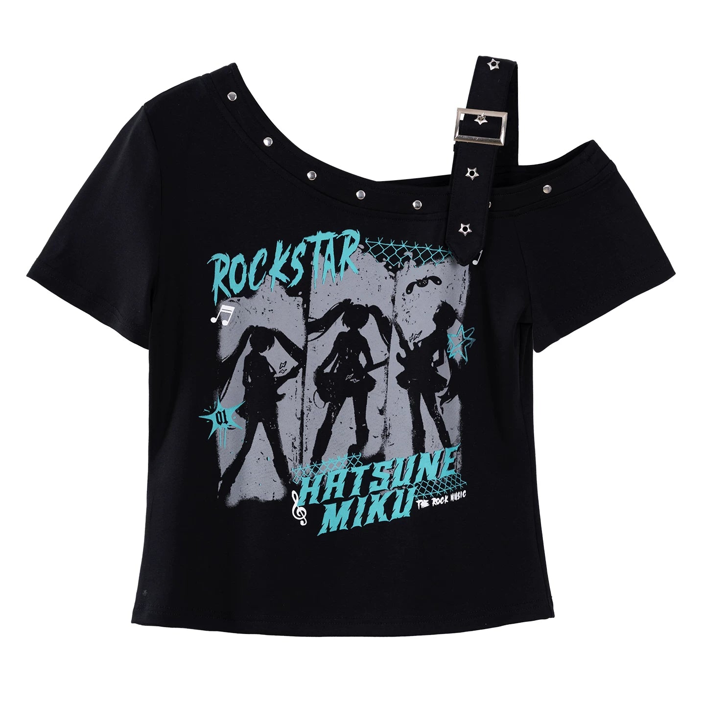Official Hatsune Miku Rock Future Vintage One-Shoulder Cami Short Sleeve Top, Loose-Fit Summer Shirt
