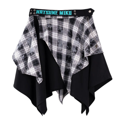 Official Hatsune Miku Rock Future Plaid Patchwork Asymmetrical High-Waisted Mini Skirt for Women