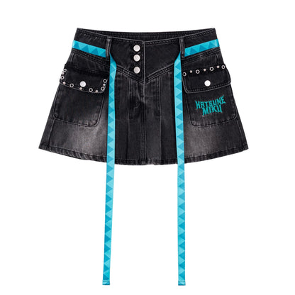 [Pre-Order, Ships Within 30 Days] Official Hatsune Miku Rock Future Denim Mini Skirt for Women, Casual A-Line Skirt