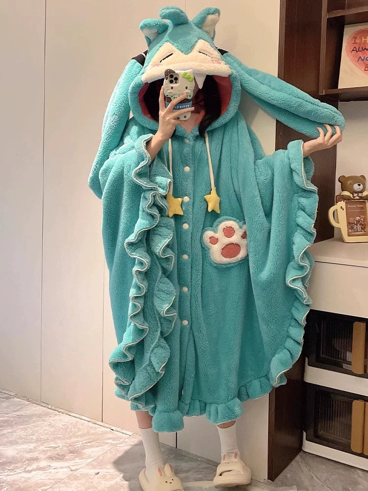 Hatsune Miku Coral Fleece Cape-Style Winter Sleepwear – Thick Lined Cozy Loungewear
