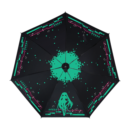 Hatsune Miku umbrella with green pixel art, music notes, and Miku silhouette on black background.