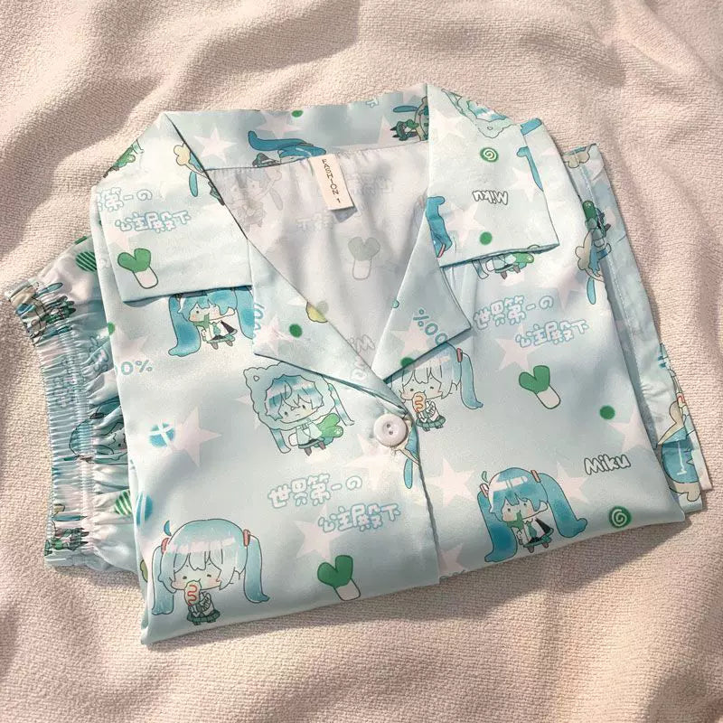 Fanmade Hatsune Miku Ice Silk Pajama Set – Lightweight Short Sleeve & Shorts Summer Loungewear