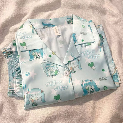 Fanmade Hatsune Miku Ice Silk Pajama Set – Lightweight Short Sleeve & Shorts Summer Loungewear