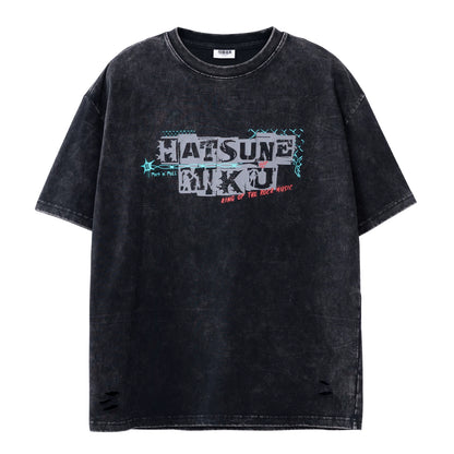 Official Hatsune Miku Rock Future Heavyweight Washed Vintage T-Shirt, Loose-Fit Short Sleeve Top