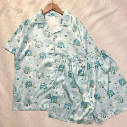 Fanmade Hatsune Miku Ice Silk Pajama Set – Lightweight Short Sleeve & Shorts Summer Loungewear