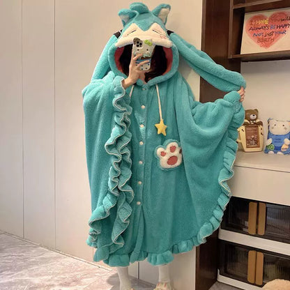 Hatsune Miku Coral Fleece Cape-Style Winter Sleepwear – Thick Lined Cozy Loungewear