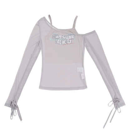 Official Hatsune Miku Rock Future Off-Shoulder Mesh Long Sleeve Top for Women, Layered Cami T-Shirt