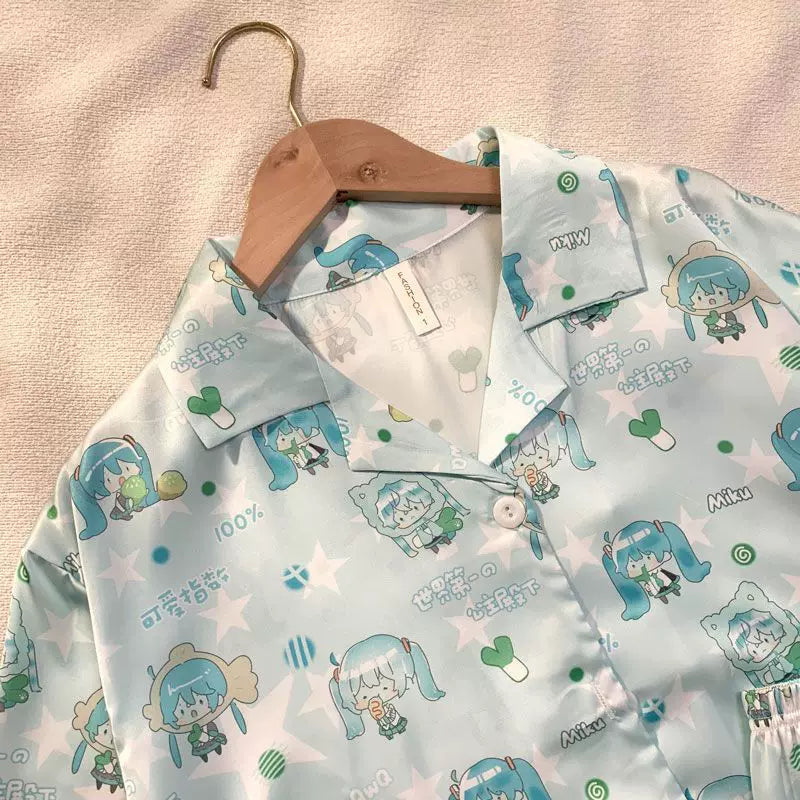 Fanmade Hatsune Miku Ice Silk Pajama Set – Lightweight Short Sleeve & Shorts Summer Loungewear