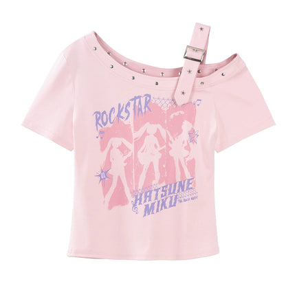 Official Hatsune Miku Rock Future Vintage One-Shoulder Cami Short Sleeve Top, Loose-Fit Summer Shirt