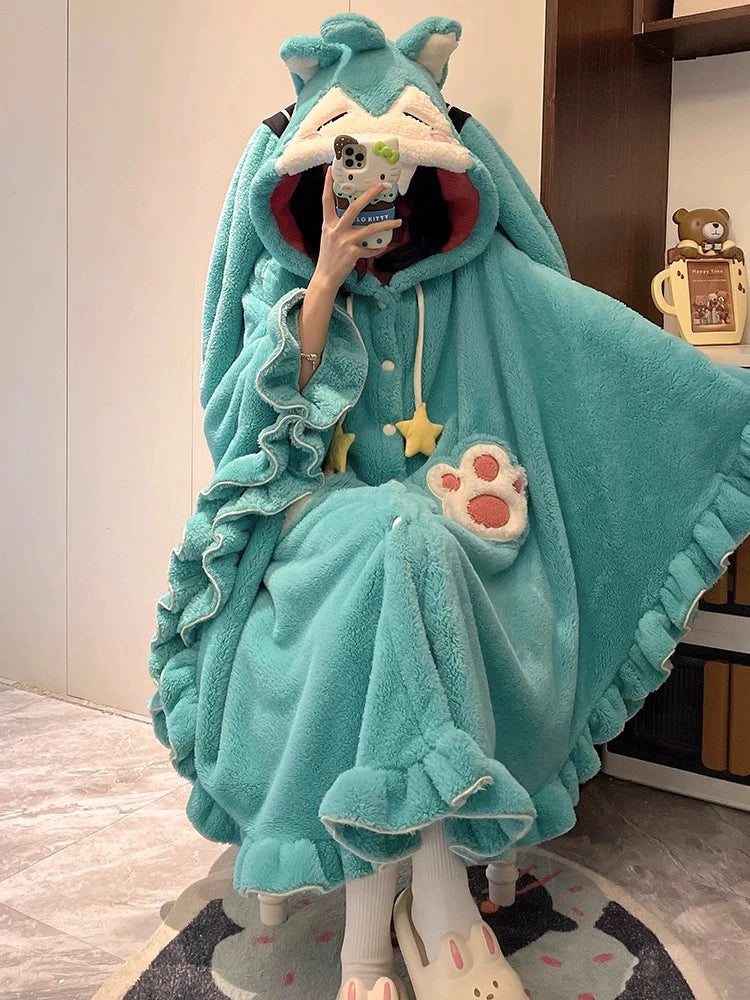 Hatsune Miku Coral Fleece Cape-Style Winter Sleepwear – Thick Lined Cozy Loungewear