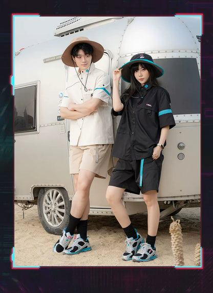 Official Hatsune Miku Neon EDM Short Sleeve Cargo Shirt, Loose-Fit Summer Top for Couples