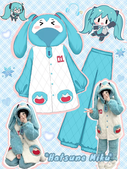 Hatsune Miku Triple-Layer Coral Fleece Pajama Set – Thick Winter Loungewear