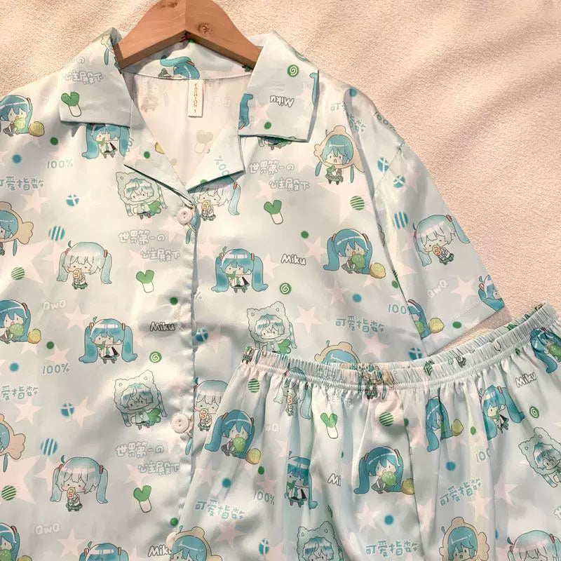 Fanmade Hatsune Miku Ice Silk Pajama Set – Lightweight Short Sleeve & Shorts Summer Loungewear