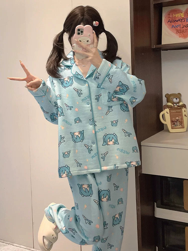 Fanmade Hatsune Miku Quilted Pajama Set – Warm Padded Winter Loungewear