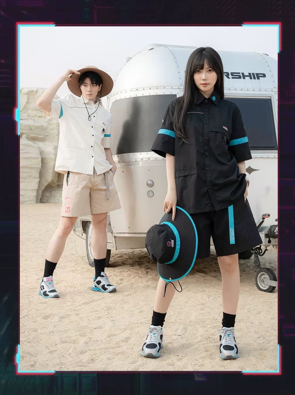 Official Hatsune Miku Neon EDM Short Sleeve Cargo Shirt, Loose-Fit Summer Top for Couples