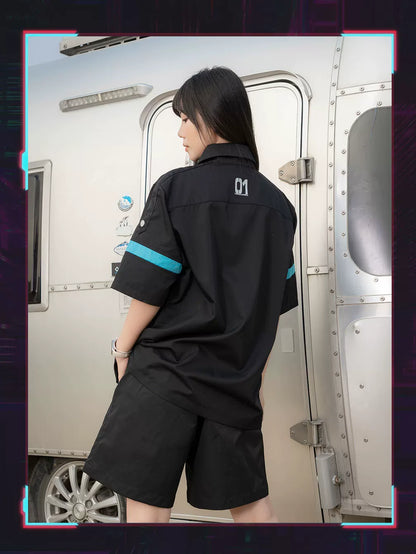 Official Hatsune Miku Neon EDM Short Sleeve Cargo Shirt, Loose-Fit Summer Top for Couples