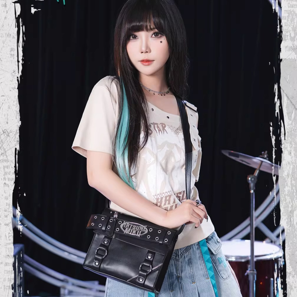 Official Hatsune Miku Rock Future Large Capacity Commuter Crossbody Bag, Studded Punk Biker Shoulder Bag for Women
