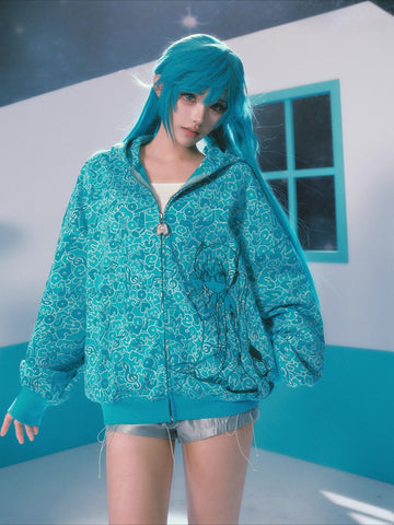 Official Licensed Hatsune Miku Camo Zip-Up Hoodie – Casual Streetwear with Hood