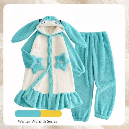 Hatsune Miku Coral Fleece Thick Lined Winter Robe Set – Cozy Home Loungewear