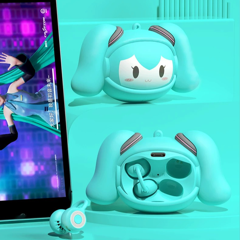 Official Hatsune Miku Clip-on Bluetooth Headphones, Slide-to-Change Face Open-Ear Earbuds with Cute Miku Expressions