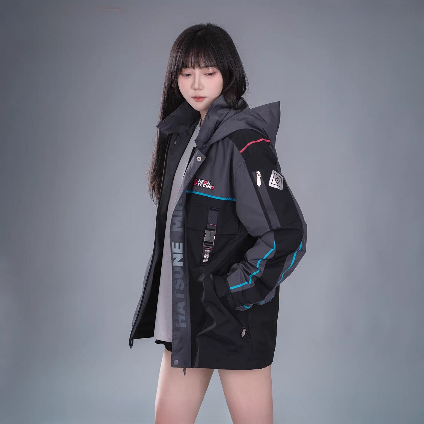 Official Hatsune Miku Neon Electronic Music Series Techwear Hooded Jacket – Casual Windbreaker Coat