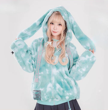 Official Hatsune Miku Y2K Bunny Ear Plush Hoodie Jacket – Warm Oversized Winter Coat