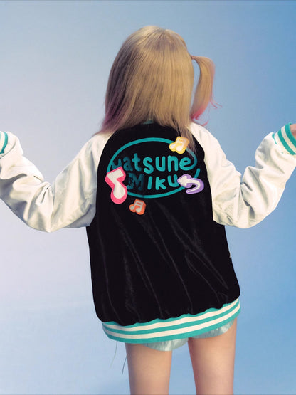 Official Licensed Hatsune Miku Velvet Varsity Jacket – Music Note Design, Hip-Hop Short Jacket