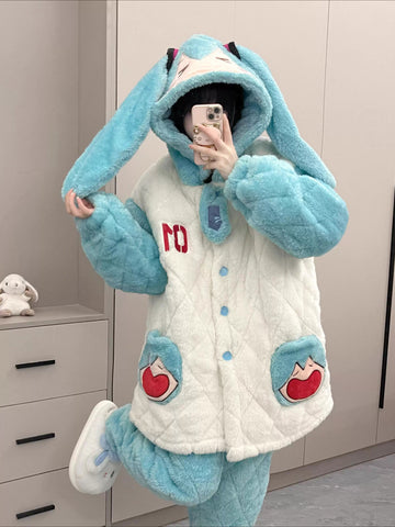 Hatsune Miku Triple-Layer Coral Fleece Pajama Set – Thick Winter Loungewear