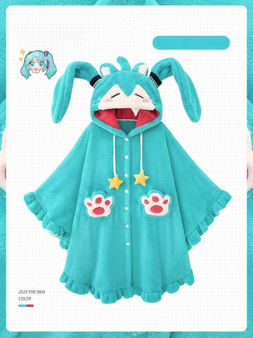 Hatsune Miku Coral Fleece Cape-Style Winter Sleepwear – Thick Lined Cozy Loungewear