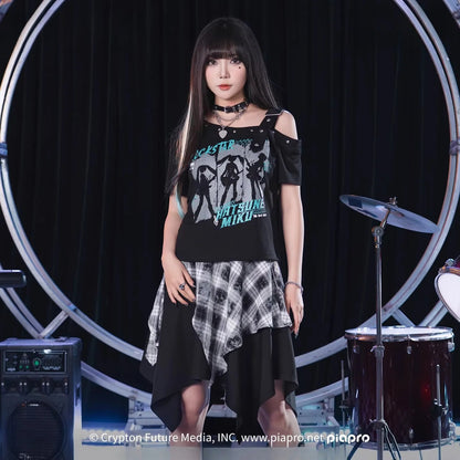 Official Hatsune Miku Rock Future Vintage One-Shoulder Cami Short Sleeve Top, Loose-Fit Summer Shirt