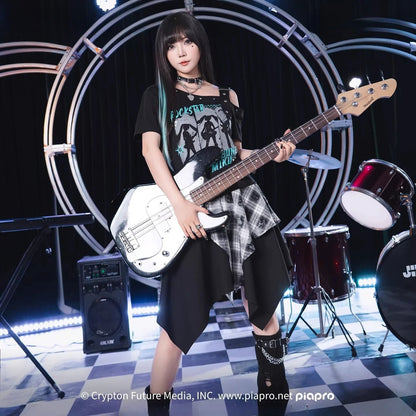 Official Hatsune Miku Rock Future Vintage One-Shoulder Cami Short Sleeve Top, Loose-Fit Summer Shirt