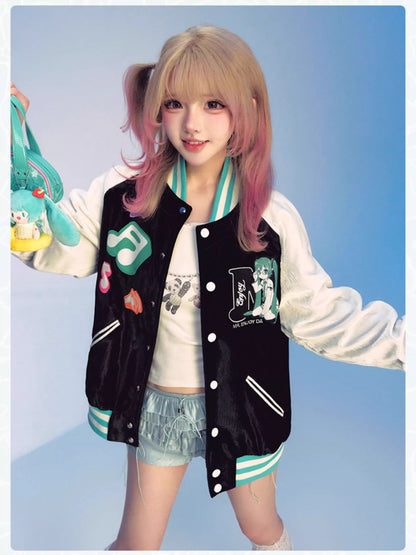 Official Licensed Hatsune Miku Velvet Varsity Jacket – Music Note Design, Hip-Hop Short Jacket