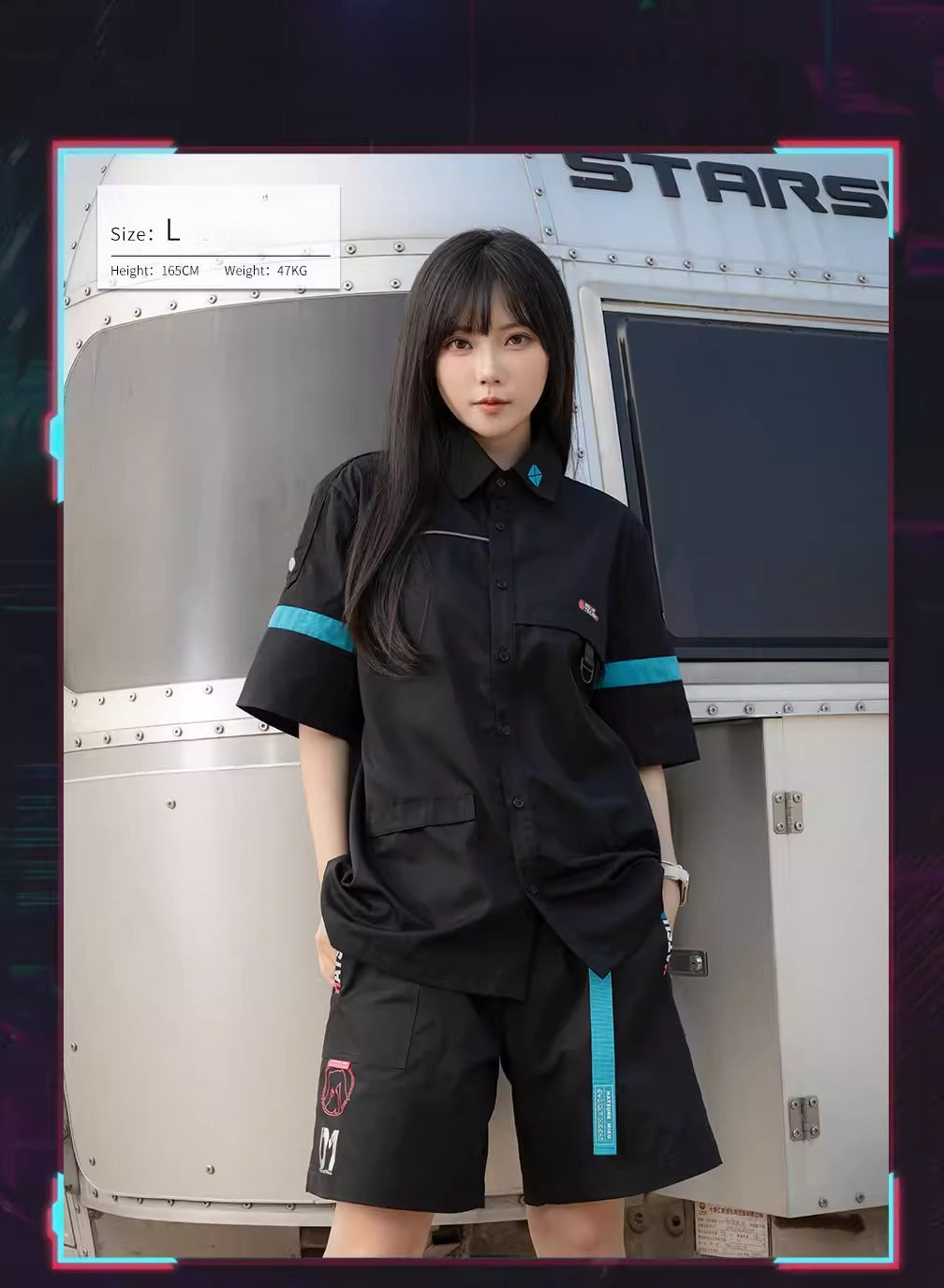 Official Hatsune Miku Neon EDM Short Sleeve Cargo Shirt, Loose-Fit Summer Top for Couples