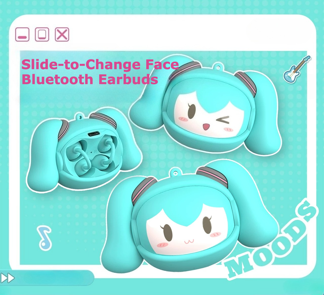 Official Hatsune Miku Clip-on Bluetooth Headphones, Slide-to-Change Face Open-Ear Earbuds with Cute Miku Expressions