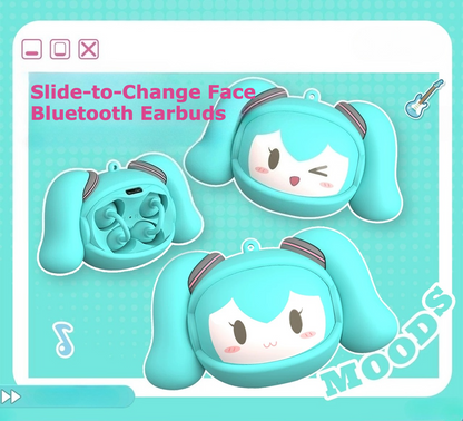 Official Hatsune Miku Clip-on Bluetooth Headphones, Slide-to-Change Face Open-Ear Earbuds with Cute Miku Expressions
