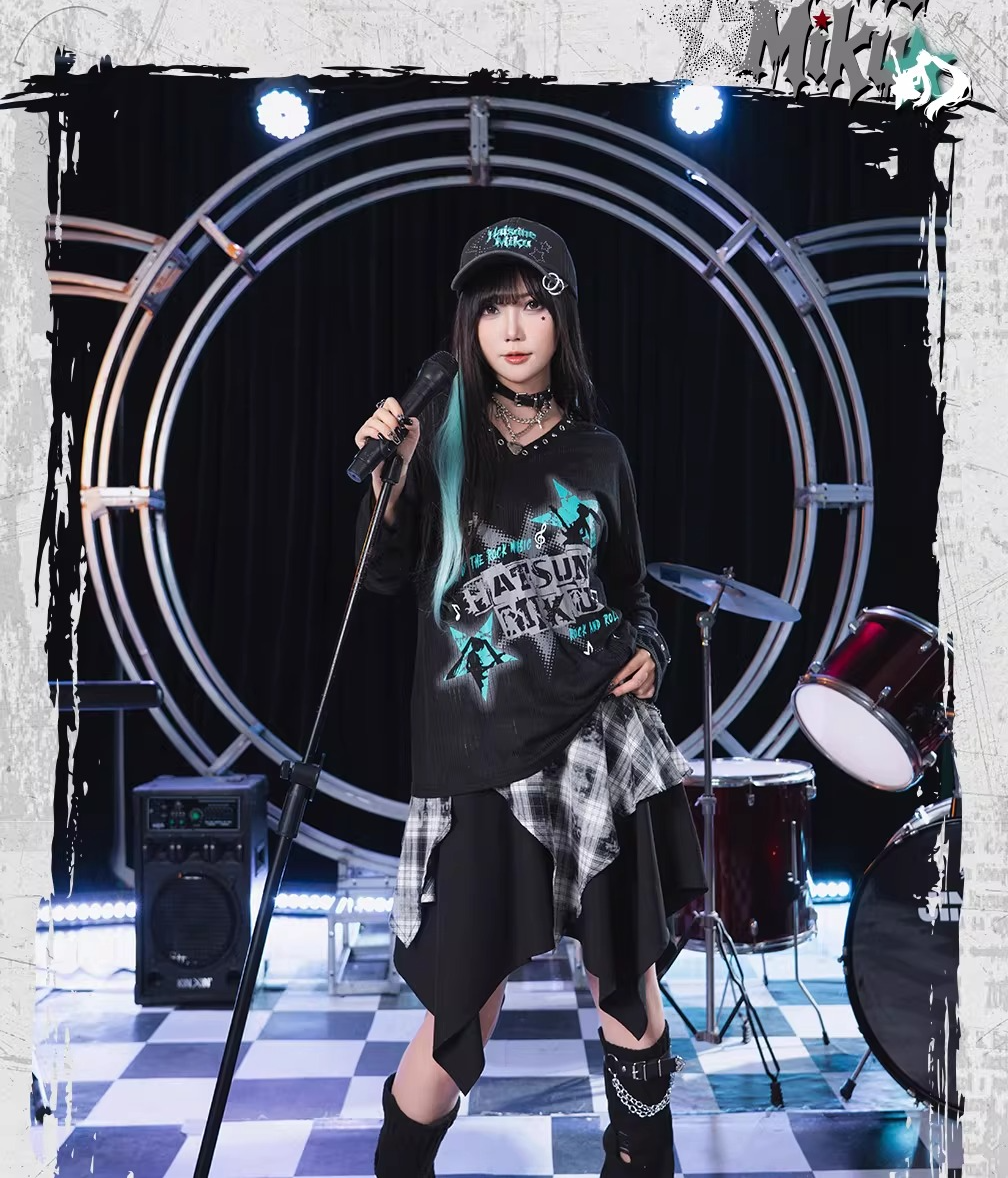 Official Hatsune Miku Rock Future Plaid Patchwork Asymmetrical High-Waisted Mini Skirt for Women