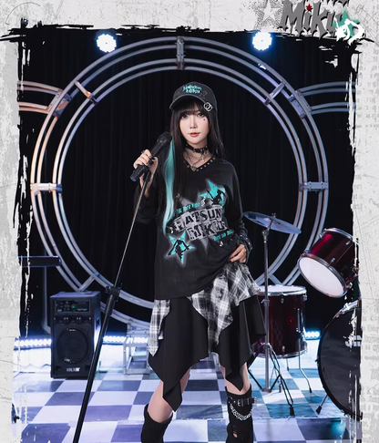 Official Hatsune Miku Rock Future Plaid Patchwork Asymmetrical High-Waisted Mini Skirt for Women