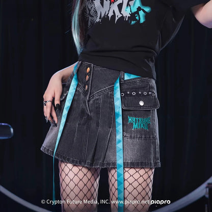 [Pre-Order, Ships Within 30 Days] Official Hatsune Miku Rock Future Denim Mini Skirt for Women, Casual A-Line Skirt