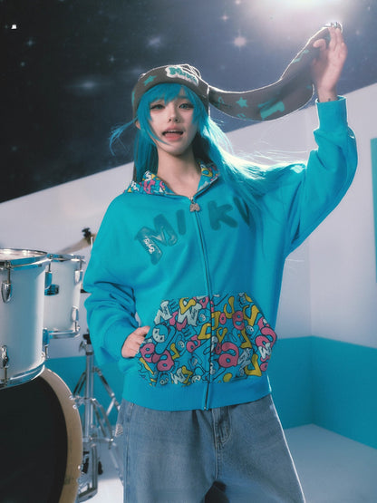 Official Licensed Hatsune Miku Patchwork Camo Zip-Up Hoodie – Lightweight Spring/Fall Jacket