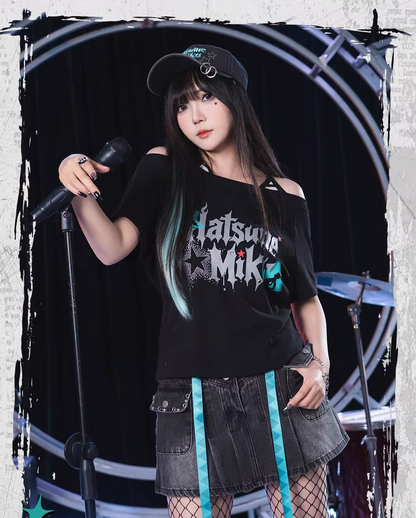 Official Hatsune Miku Rock Future Vintage Off-Shoulder Cropped T-Shirt for Women, Loose-Fit Top