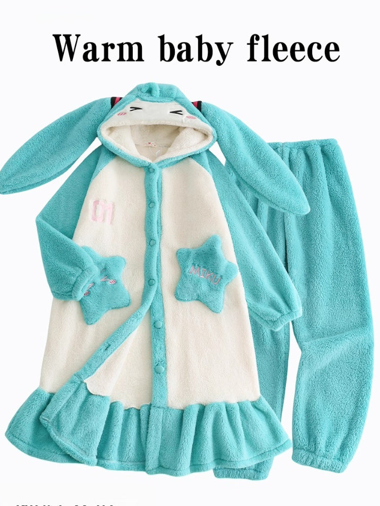 Hatsune Miku Coral Fleece Thick Lined Winter Robe Set – Cozy Home Loungewear