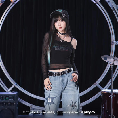 Official Hatsune Miku Rock Future Off-Shoulder Mesh Long Sleeve Top for Women, Layered Cami T-Shirt