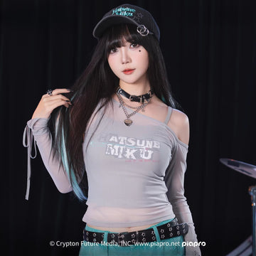 Official Hatsune Miku Rock Future Off-Shoulder Mesh Long Sleeve Top for Women, Layered Cami T-Shirt