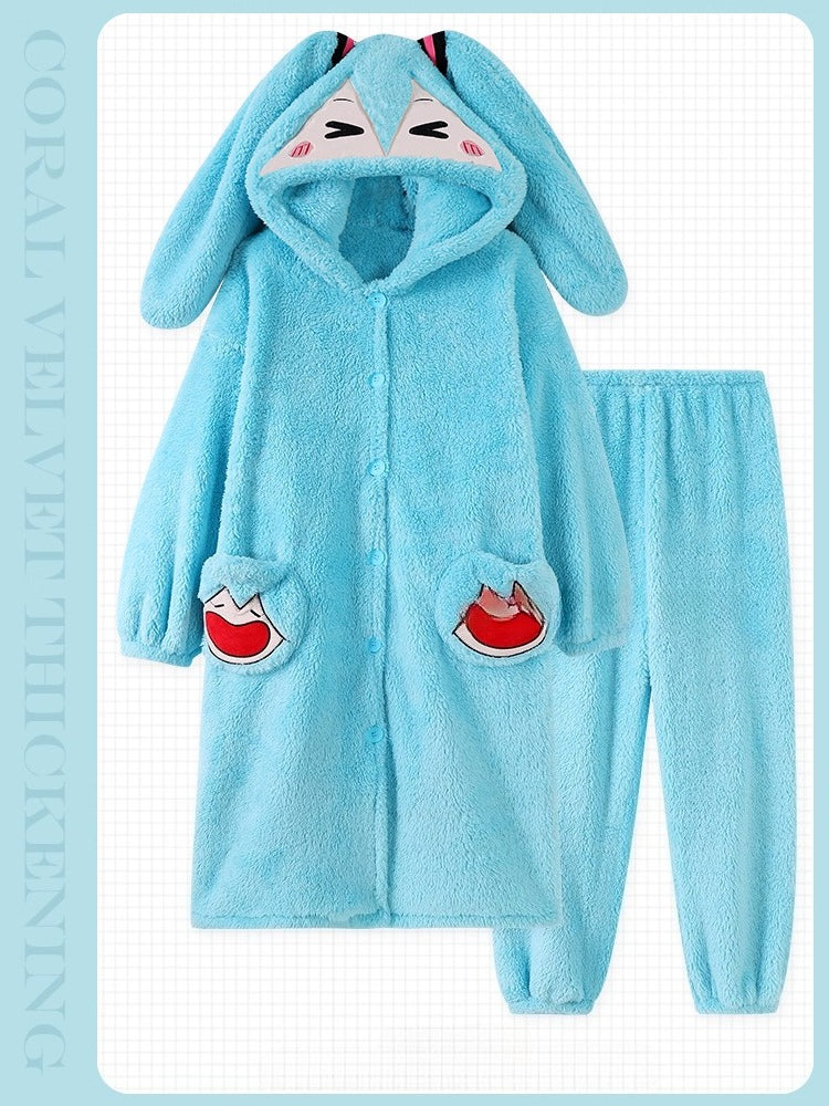 Hatsune Miku Coral Fleece Thick Lined Winter Robe Set – Cozy Home Loungewear
