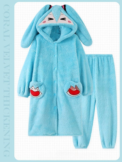Hatsune Miku Coral Fleece Thick Lined Winter Robe Set – Cozy Home Loungewear