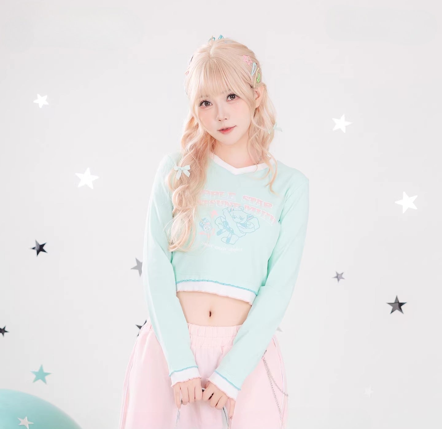 Official Hatsune Miku Y2K Ice Candy Long Sleeve V-Neck Cropped Top – Slim Fit Streetwear