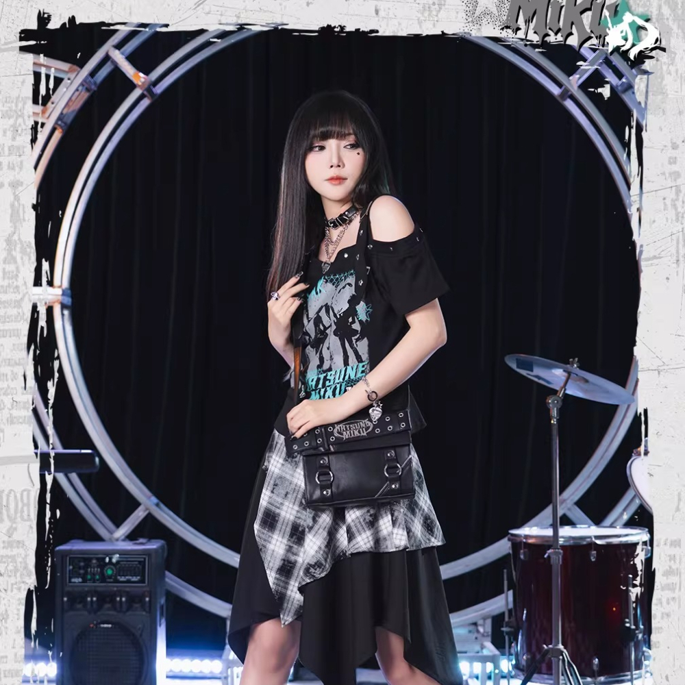 Official Hatsune Miku Rock Future Large Capacity Commuter Crossbody Bag, Studded Punk Biker Shoulder Bag for Women